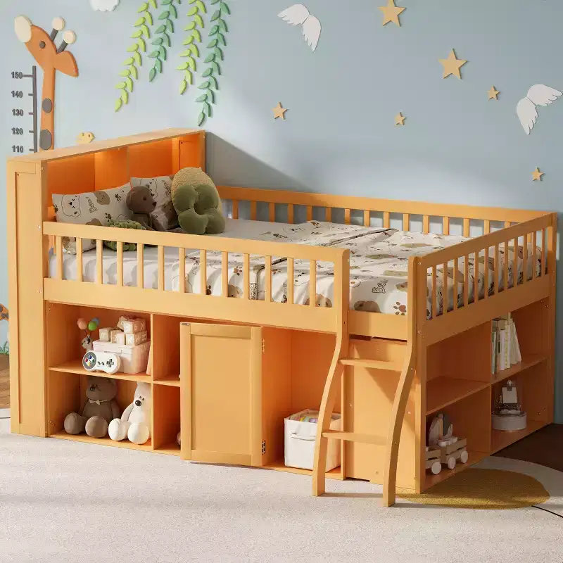 Full/Queen Low Loft Bed with Storage & LED Headboard, Wood Loft Bed with Storage Bookcase, Shelves and Guardrails for Kids