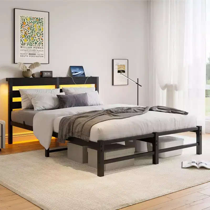 MAYEERTY Queen Size Black Metal Wooden Headboard Bed Frame RGB Lights Charger Storage Shelf Noise Free No Box Spring Needed