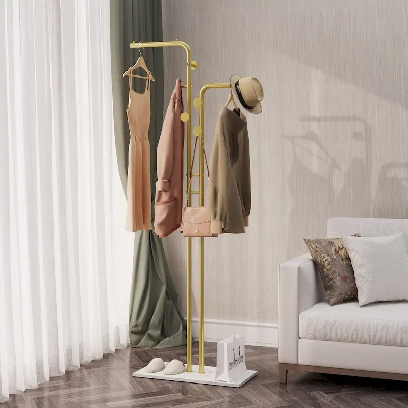 Gold & White Freestanding Coat Rack with Granite Base, 5 Hooks, Single