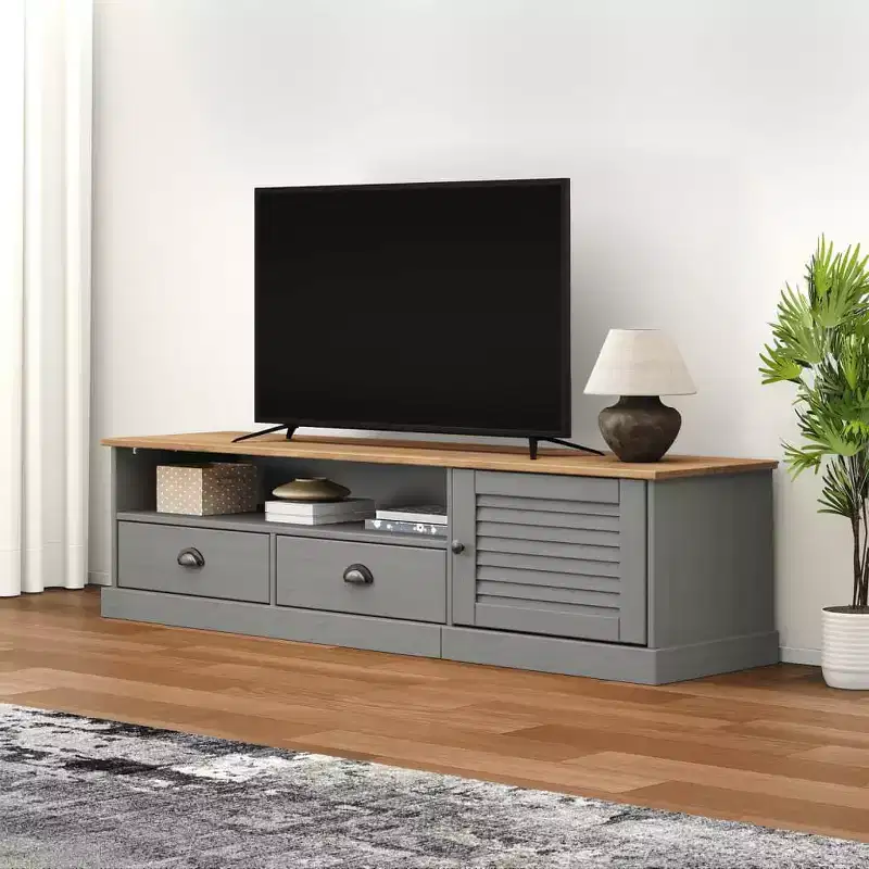 vidaXL Solid Pine Wood VIGO TV Stand - Gray Media Console with Drawers, Entertainment Center, and Shutter Door Design for Living Room