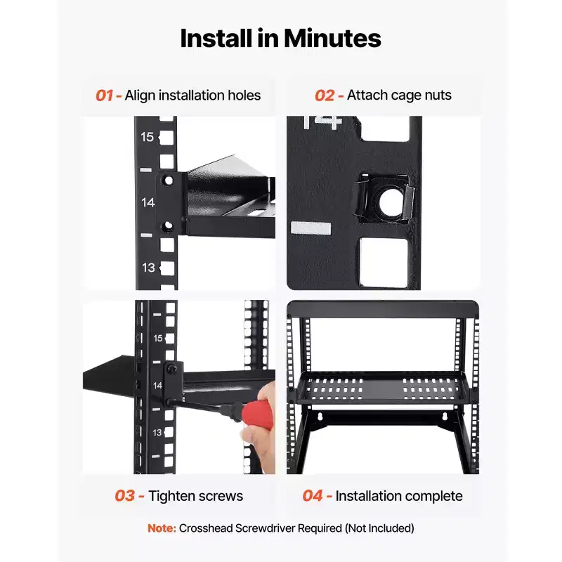1U Server Rack Shelf, 4 PCS, 50 lbs Vented Cantilever, Wall Mount or Rack Mount Shelf with Tray, 10 in Depth, Black