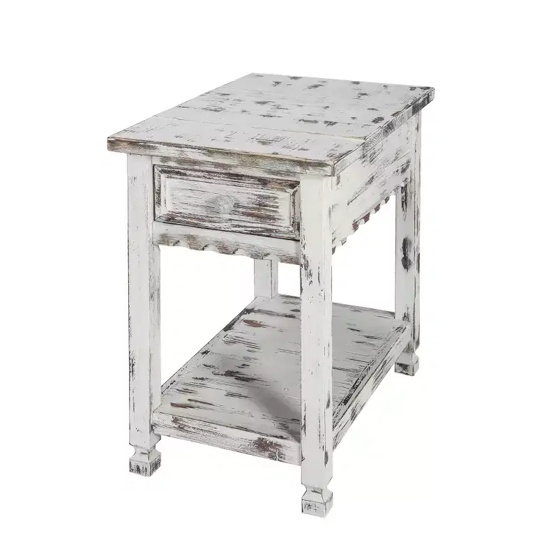 Rustic Cottage Chairside End Table with 1 Drawer & 1 Shelf Antique Dental Work, Distressed White Finish & Square Turned Legs for Living Room