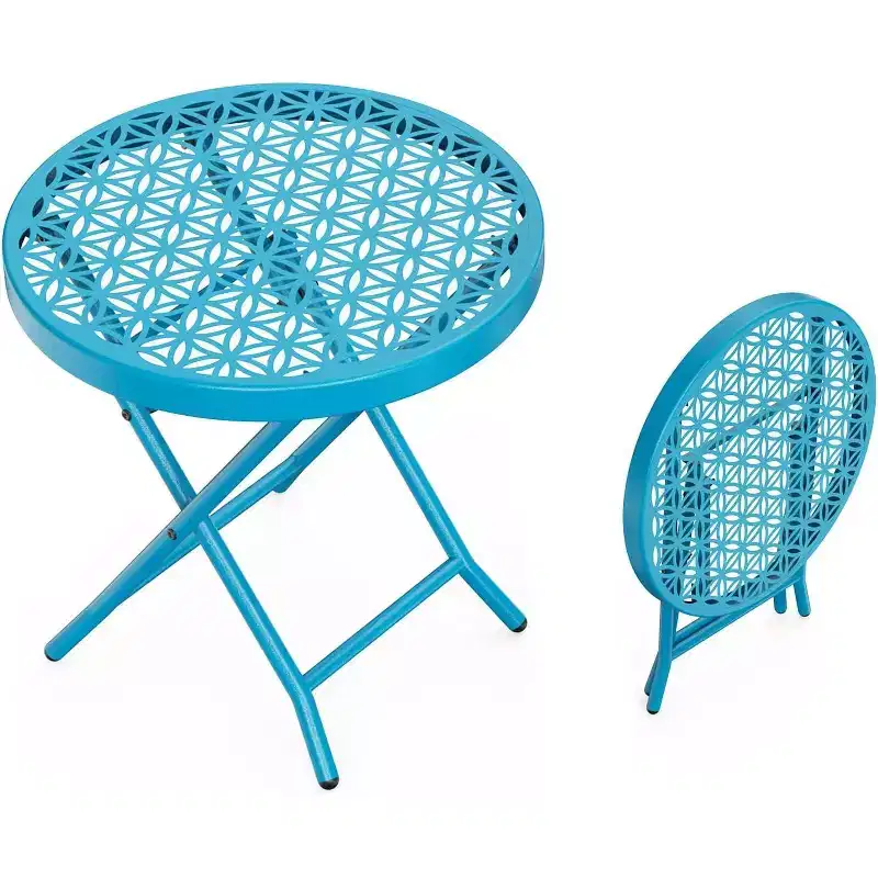 Patio Folding Side Table, Small Outdoor Table with Floral Pattern and Sturdy X-Shaped Metal Frame, Blue, 1 Pack