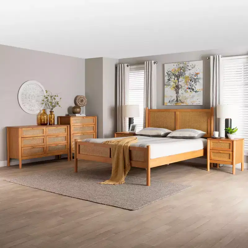Baxton Studio Jenn Golden Brown Wood Japandi 5-Piece Queen Size Bedroom Set with Distressed-Finished Rattan