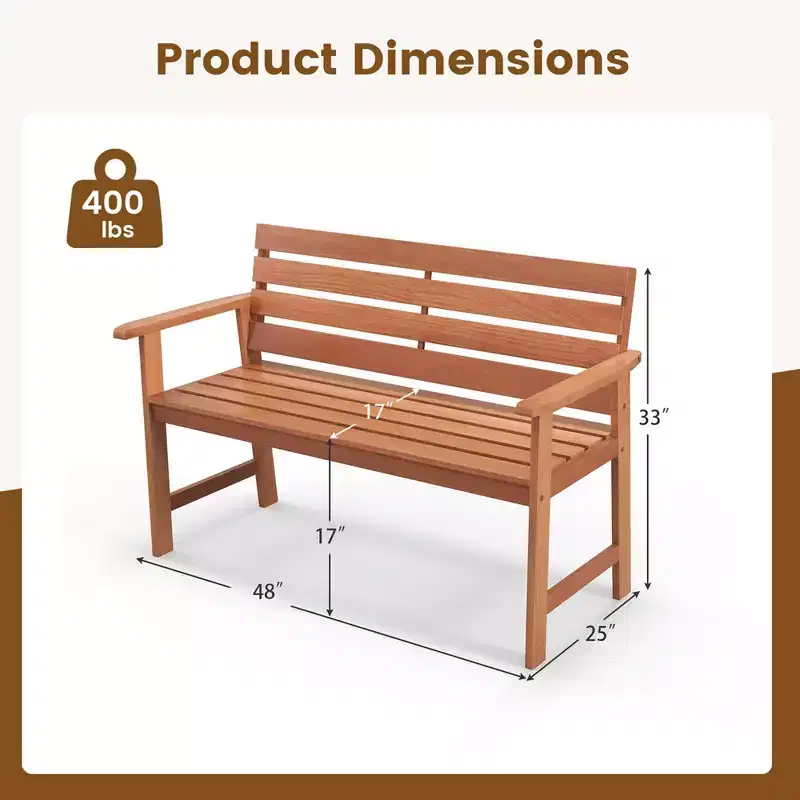 Costway Patio Solid wood Bench Wood 2-Seat Chair with Slatted Seat & Inclined Backrest