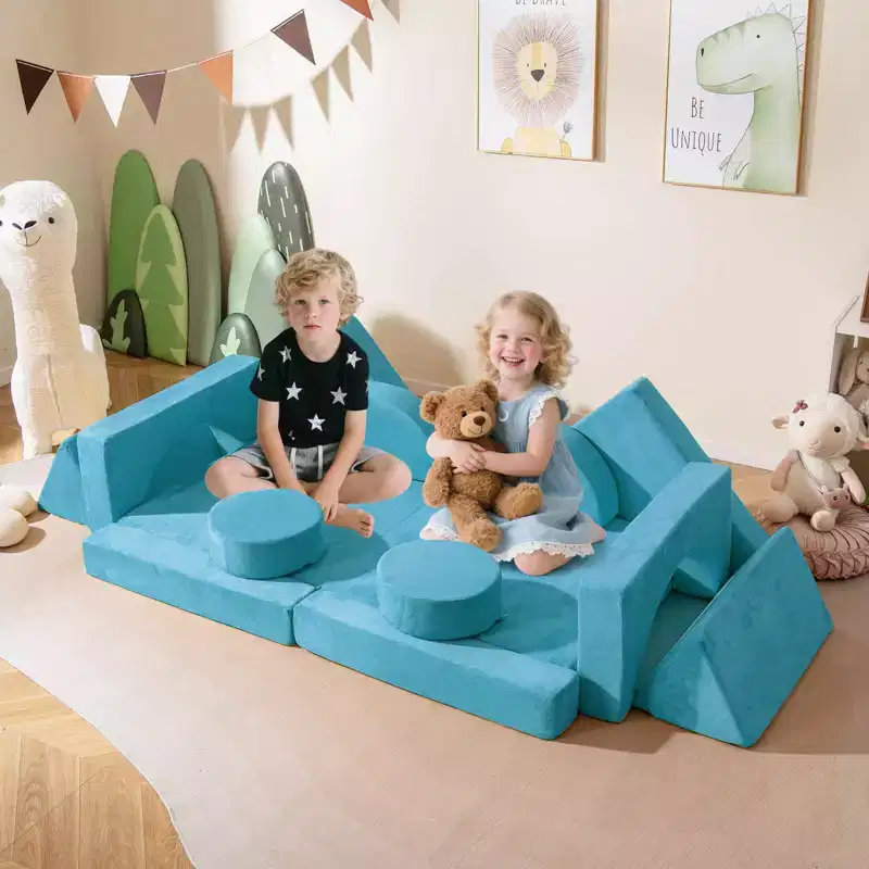Costway 14 PCS Modular Kids Play Couch Child Sectional Sofa Toddler Soft Playset Blue/Gray/Yellow