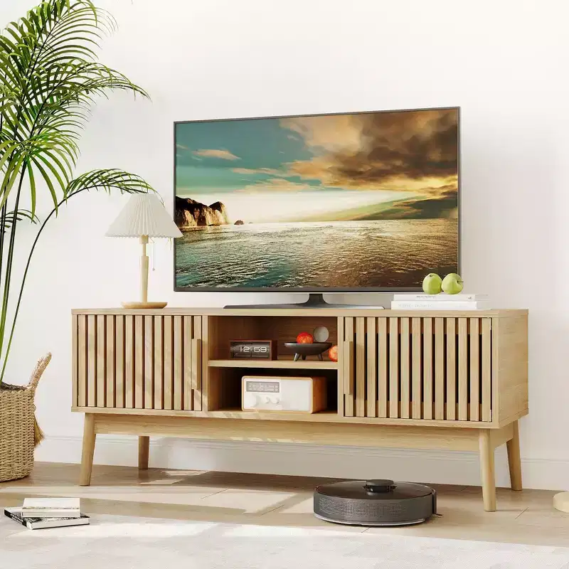 Boho TV Stand for Living Room, Entertainment Center for TVs Up to 50 Inch, Television Console Table with Storage Cabinet and Open Shelves, Natural