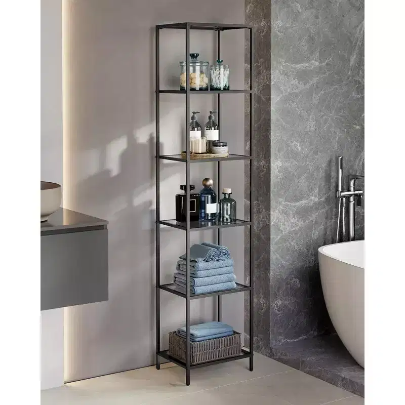 Bookcase, 6-Tier Bookshelf, Slim Shelving Unit for Bedroom, Bathroom, Home Office, Tempered Glass