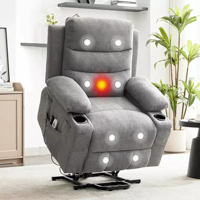 Oversized Power Lift Recliner Chair for Elderly - Electric Heat, Massage & Stand Assist - 135 Reclining - Cup Holders, Side Pocket Grey Fabric