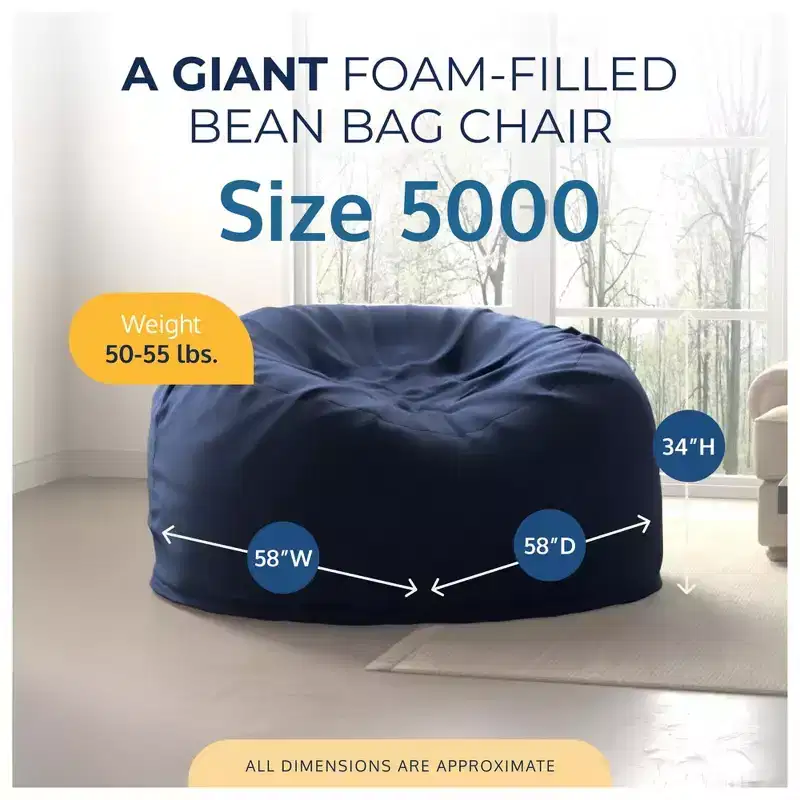 Ultimate Sack 5 Ft Foam Filled Fur Covered Bean Bag Chair with Footstool, Navy
