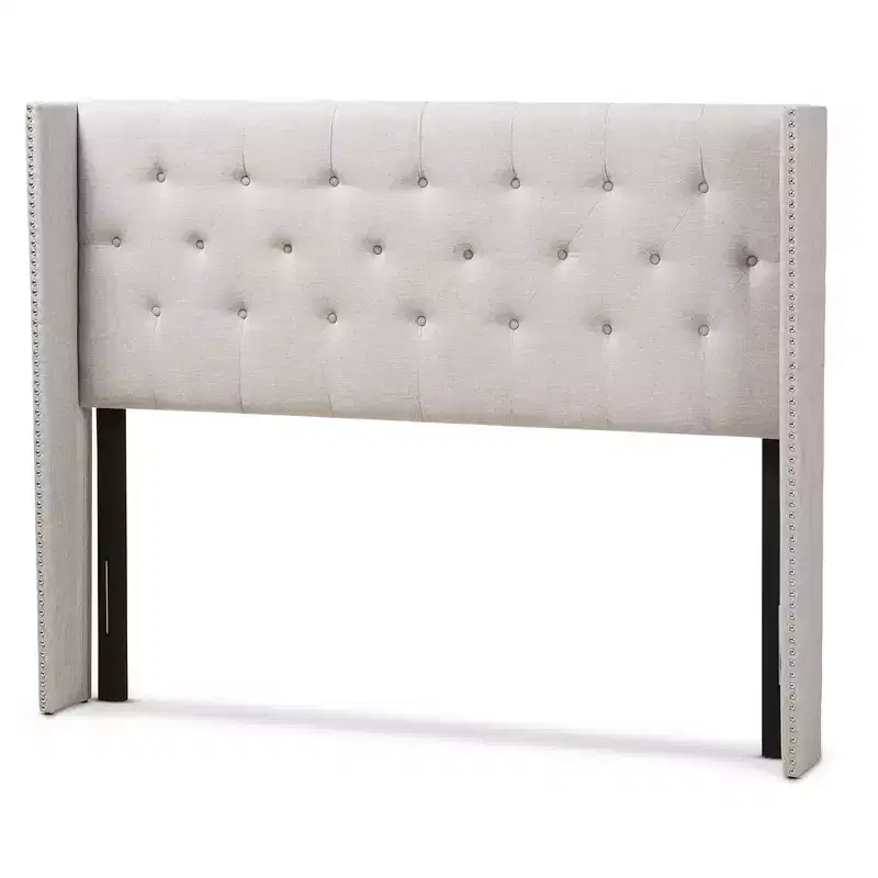 Ally Modern and Contemporary Fabric Button Tufted Nail Head Winged Headboard King Light Beige Gray: Polyester Upholstery