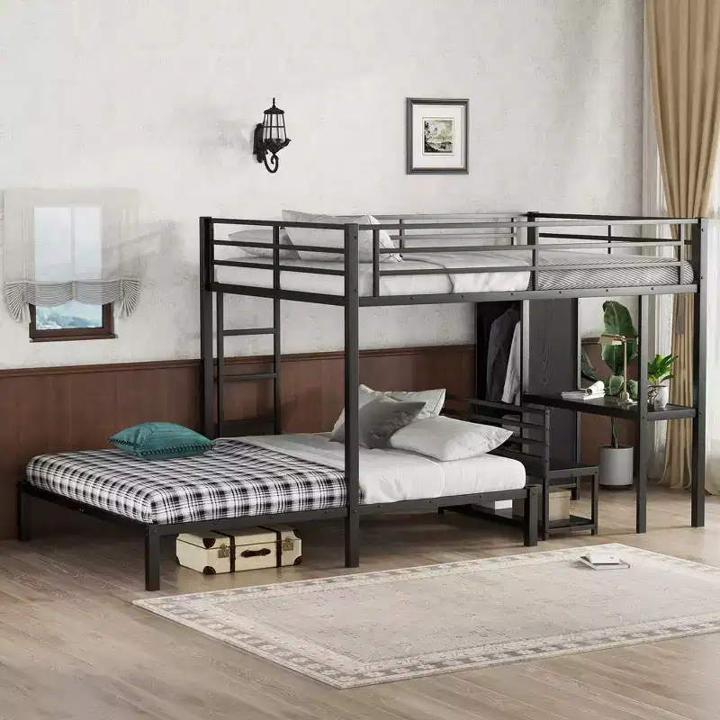 Queen Size Loft Bed with Desk, Wardrobe and Storage Drawer