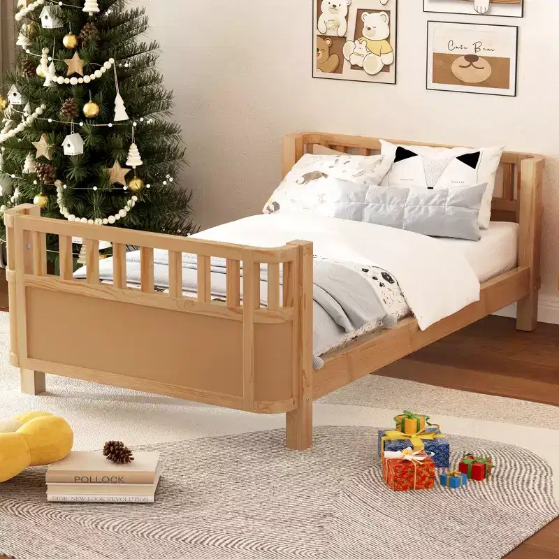 Twin Size Platform Bed with Rails for Girls and Boys, Sturdy Wooden Frame