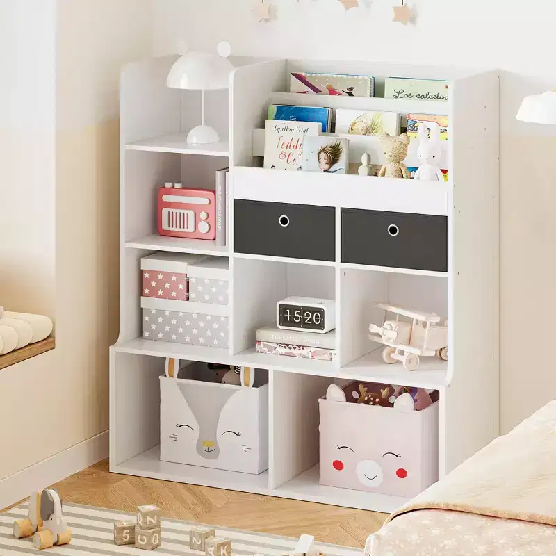 Kids Bookshelf with Drawers Modern Bookcase with Cubbies Floor Storage Cabinet Wooden Toy Chest Playroom