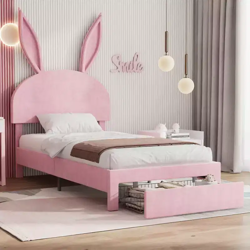 Twin Upholstered Bed Frame, Girls Bed with Rabbit Headboard Adjustable, Princess Platform Bed with Storage Drawer, Velvet Pink
