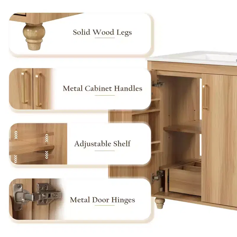 30-Inch Bathroom Vanity with Sink, Cabinet, Drawer & MDF Construction – Natural Finish