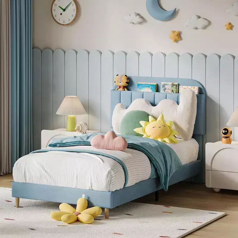 Twin Bed Frame with Bookcase Headboard, Velvet Upholstered Platform - Wooden Slat Support, Noise-Free, No Box Spring Needed, Easy Assembly