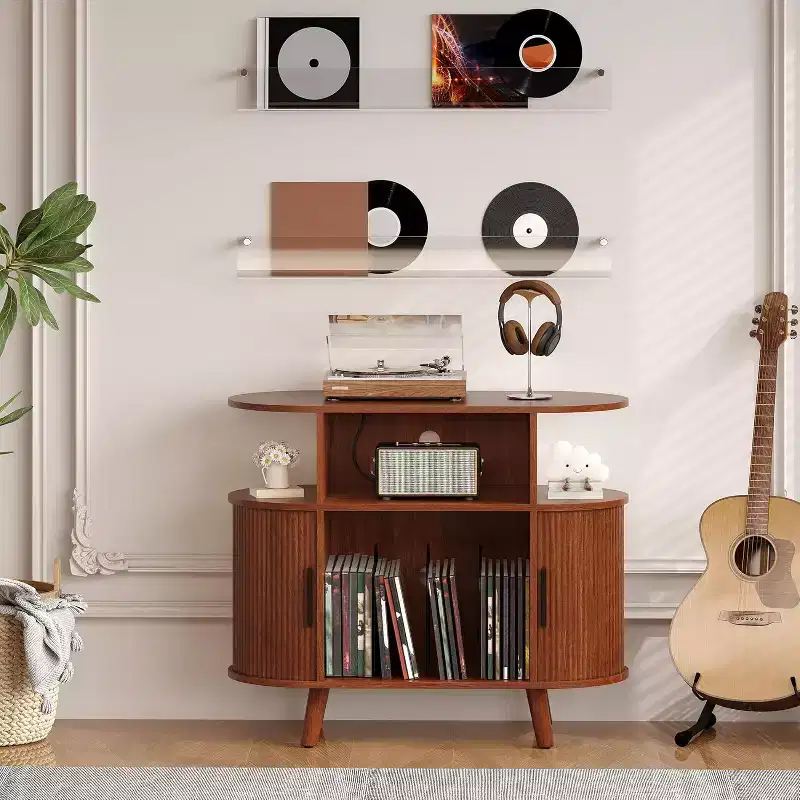 Record Player Stand with Storage and Charging Station, Large Round Vinyl Record Cabinet,Modern Turntable Stand for Living Room,Bedroom