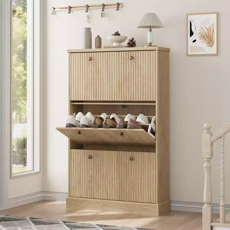 Acekool Oak Fluted Shoe Cabinet with 3 Flip Drawers Adjustable Shelf Narrow Organizer for Hallway & Bedroom