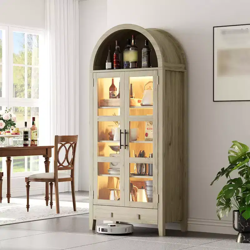 71 Tall Arched Kitchen Pantry Cabinet, Wood Cupboard Storage Cabinet with Lights & Glass Doors, Versatile Display Cabinet for Living Room Kitchen
