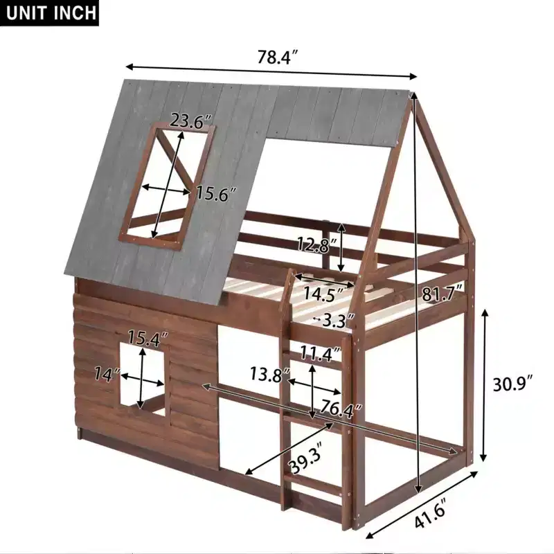 Bellemave Twin House Bunk Bed with Roof and Ladder,Solid Wood House Bunk Bed Frame with 2 Windows for Kids,Oak & Smoky Grey