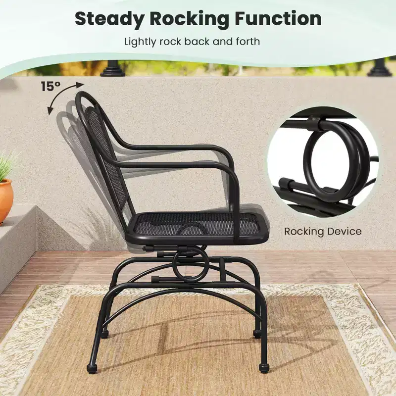 Costway Patio Rocking Chairs Set of 2 w/ Metal Mesh Backrest & Seat Armrests Gentle
