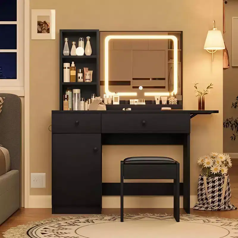 GustoWave Vanity Table Set with Illuminated Mirror, Storage Stool & Expandable Top - Makeup Dressing Desk with Cabinet & Shelves