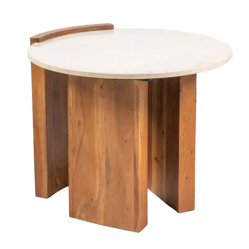 Storied Home Round Marble and Mango Wood Semi-Enclosed Side Table in Natural Finish