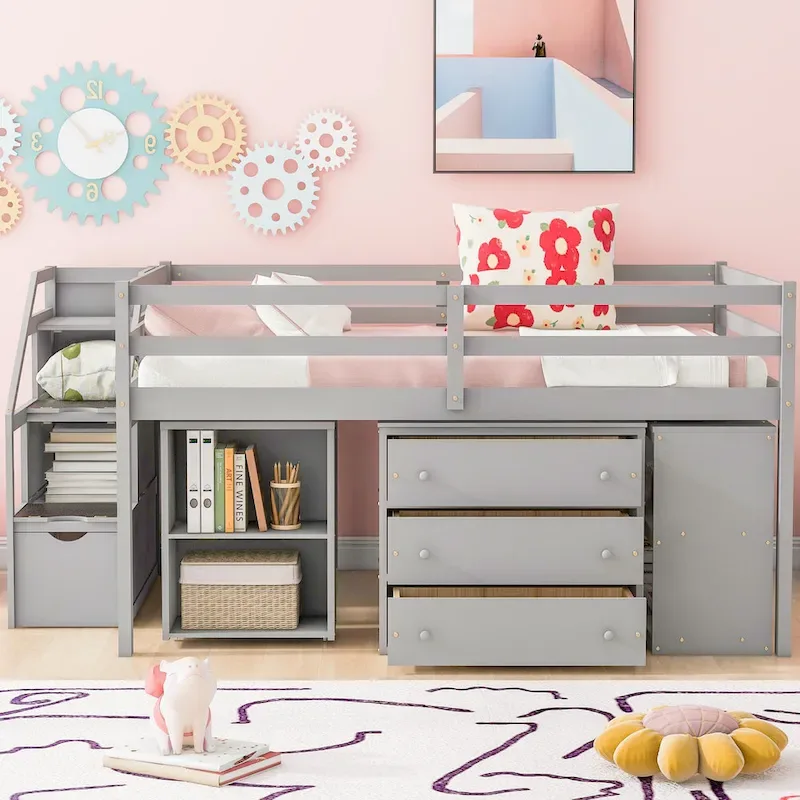Full Size Loft Bed with Retractable Writing Desk and 3 Drawers, Wooden Loft Bed with Storage Stairs and Shelves