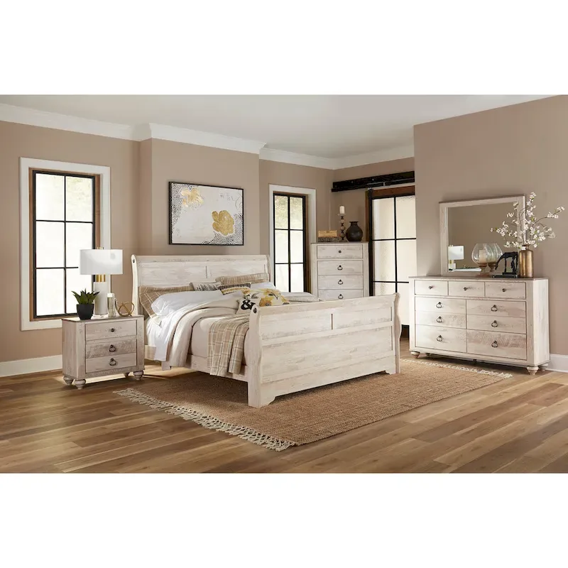 White Wash Sleigh Bedroom Set – 5-Piece, King/Queen