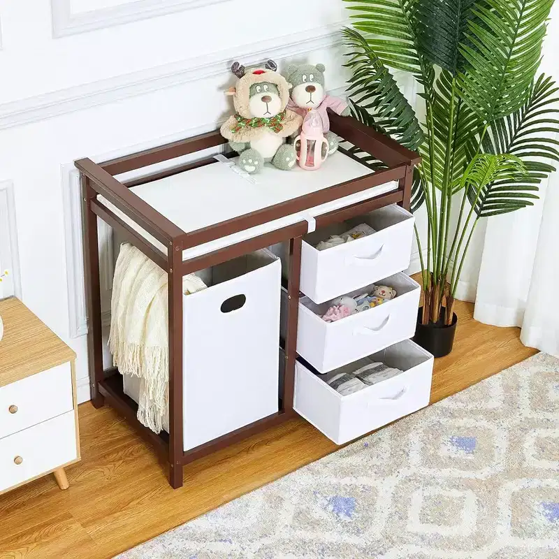 Wooden Baby Changing Table Solid Wood Diaper Changing Station Changing Table with Laundry Basket and Drawer