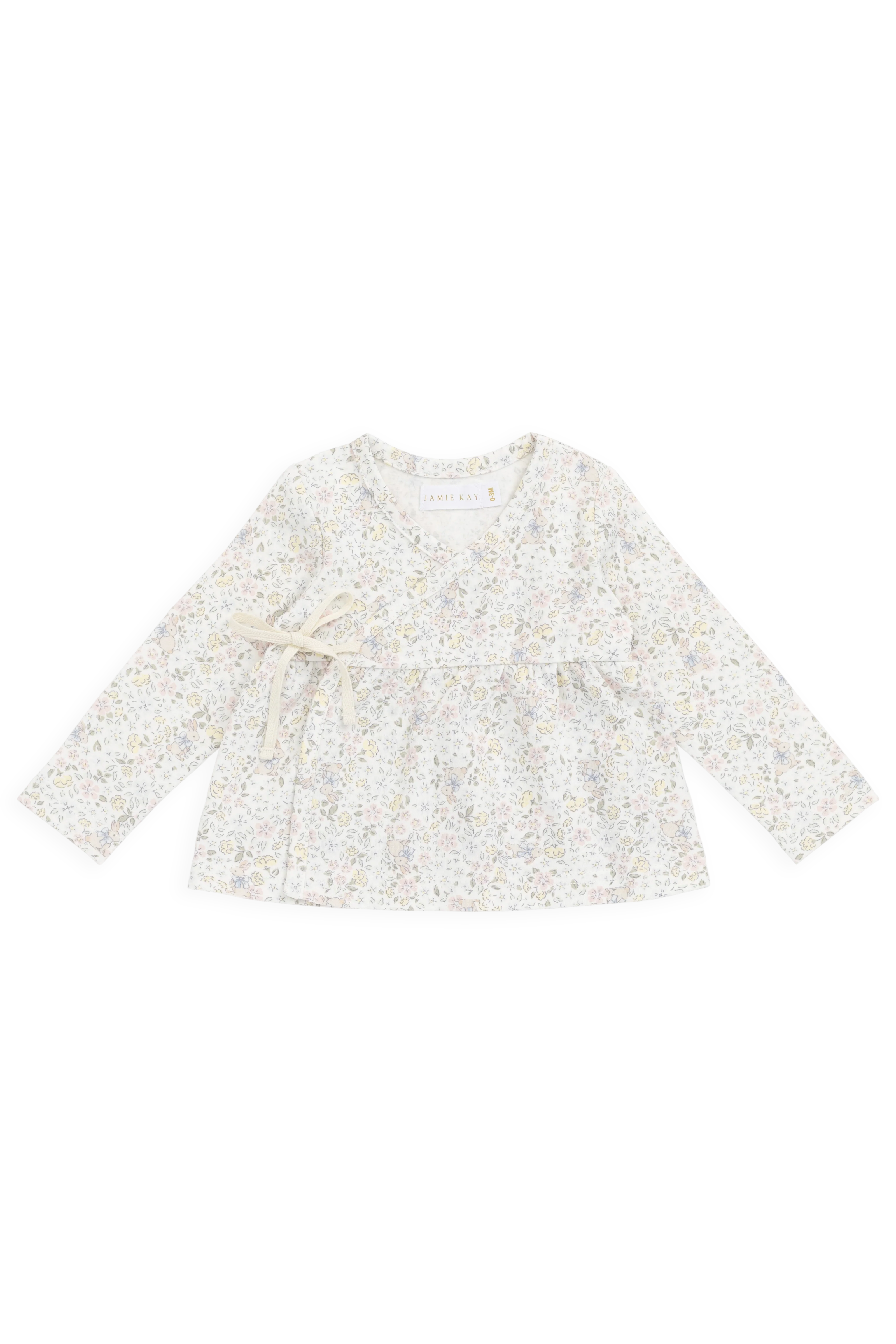 Romantic Neutral Cottage Garden Floral Organic Cotton Wrap Top with Tie Detail for Girls 0M–3Y
