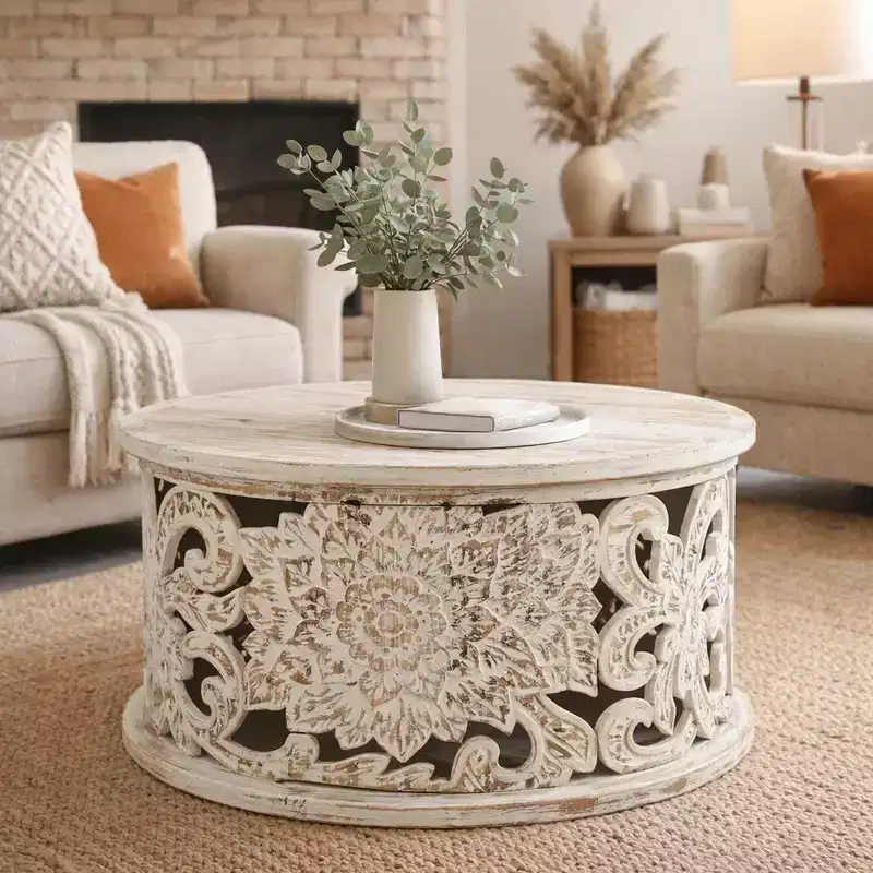 Royal Hampton Alina Coffee Table Handcrafted Mango Wood Floral Carved Cut Out Design Distressed White Finish 33 Inch