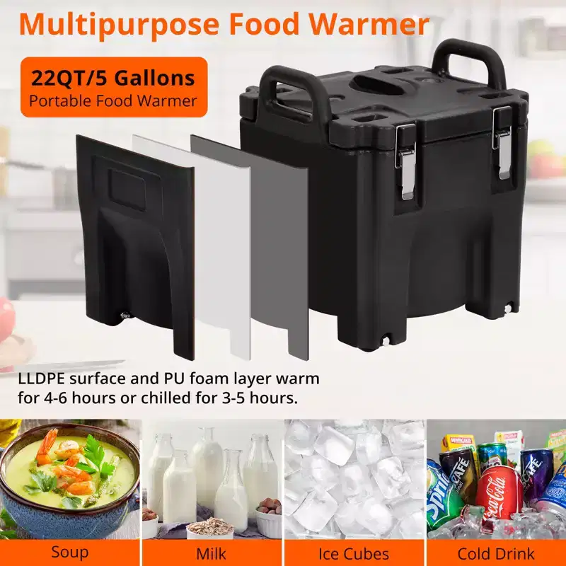Insulated Food Pan Carrier with Spoon, 20L Capacity Top Load Wheel Side Lock Stainless Steel for Catering Restaurant