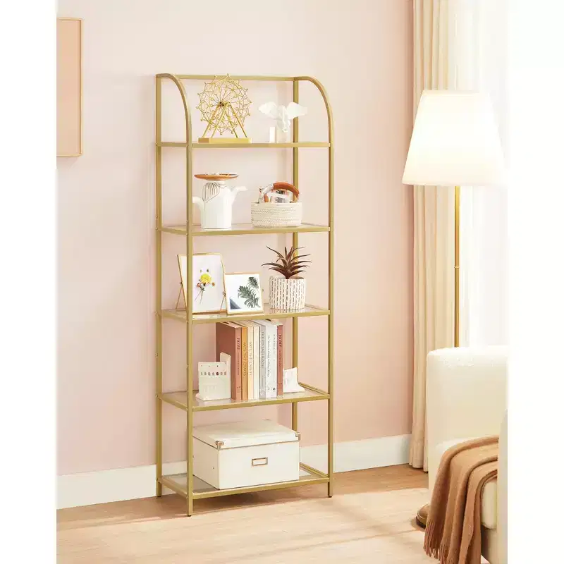 5-Tier Bookshelf Display Shelf with Tempered Glass, Stylish Storage Rack Shelf for Home and Office