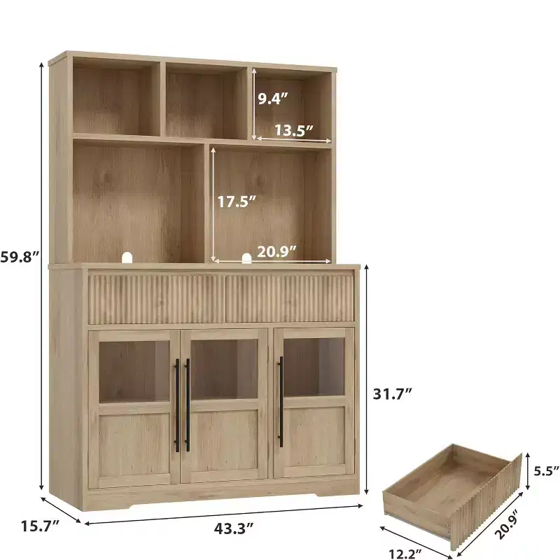 60 Kitchen Pantry Cabinet with Glass Doors, Food Storage Cabinet, Kitchen Organizer, Wave Design, for Living Room, Dining Room