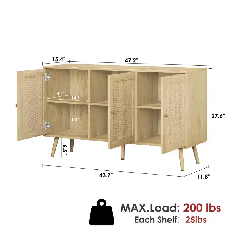 47.2 Rattan Sideboard with 3 Doors for Kitchen, Living Room, Entryway, Dining Room