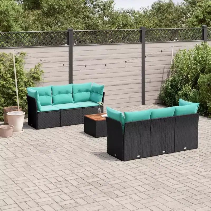 vidaXL 7 Piece Patio Sofa Set with Cushions Black Poly Rattan
