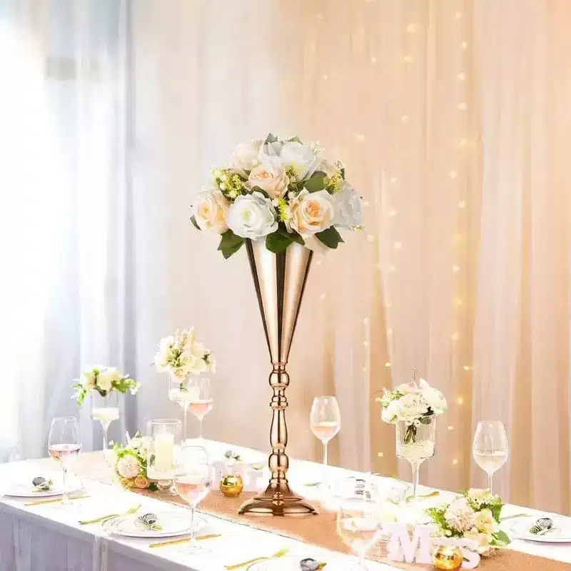 Elegant Gold Trumpet Vase Candle Holder Set 16.5 Inch Tall Tabletop Flower Stand for Weddings Anniversaries Home Decor