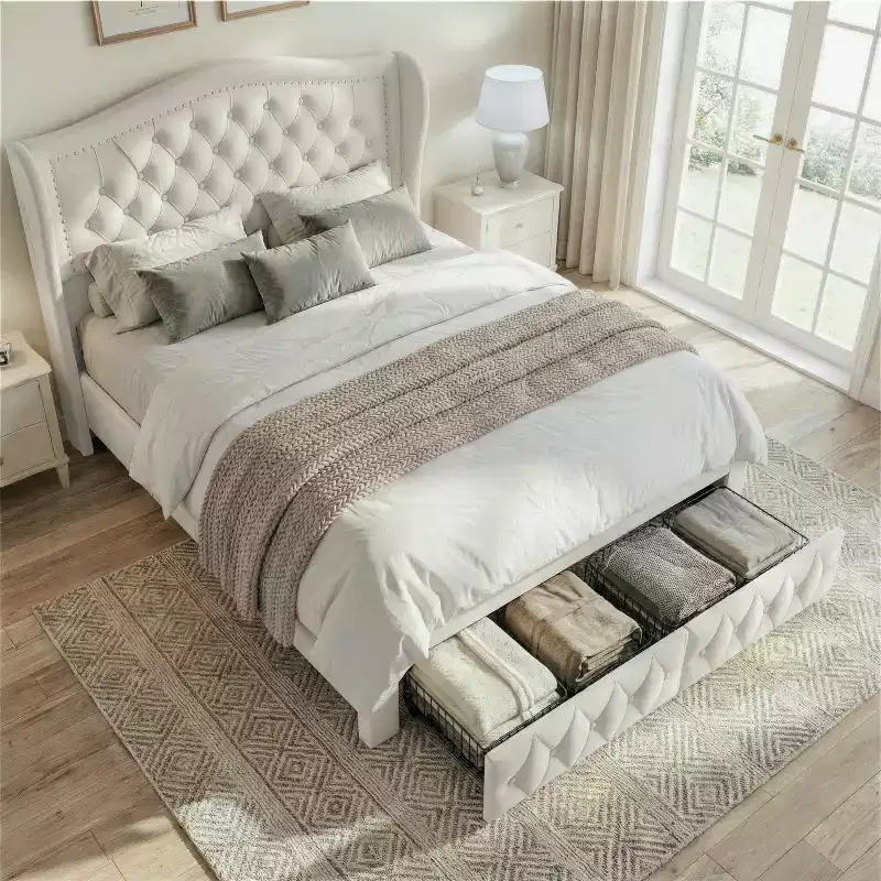 Dyonery Queen Size Bed Frame with 2 Storage Drawers and Wingback Headboard Upholstered Platform Bed Frame with Wooden Slat Support,Easy Assembly
