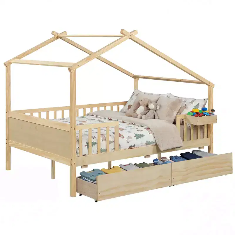 Full Size Bed with 2 Storage Drawers, House-Shaped Bed Frame for Kids & Teens, White/Natural
