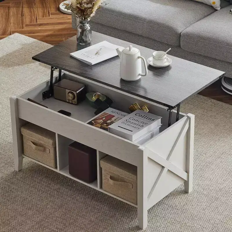 Extensible Lift Artificial Board Black, Gray, and White Color-Blocking Coffee Table