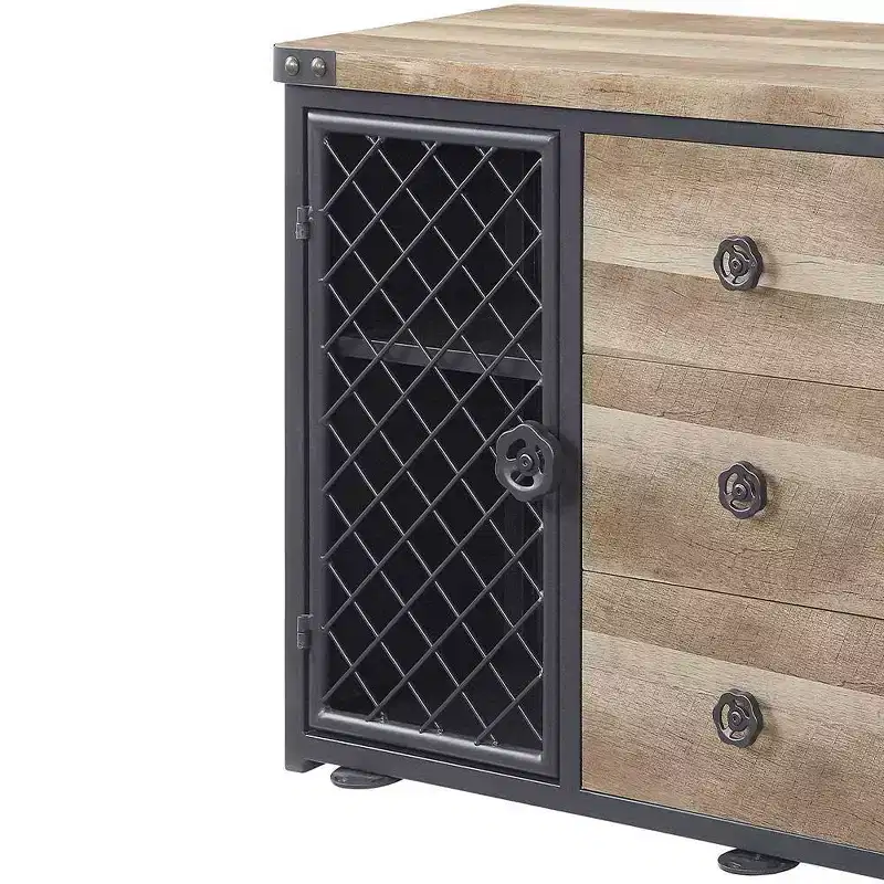 Edina 50 Kitchen and Dining Cabinets Oak and Sandy Black - Acme Furniture: Sideboard Buffet with Metal Frame, MDF Surface
