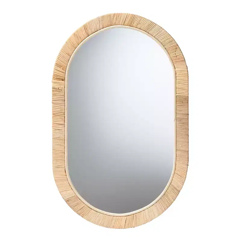 bali & pari Bella Modern Bohemian Natural Brown Mahognay Wood and Natural Rattan Oval Mirror