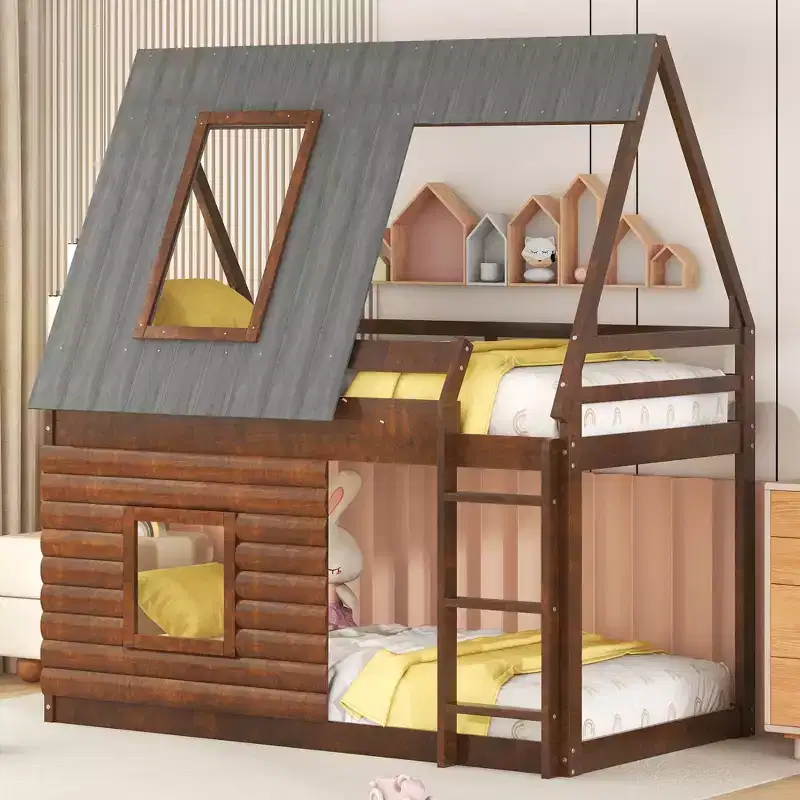Elegant Design Twin Size House Bunk Bed with Roof, Ladder and 2 Windows