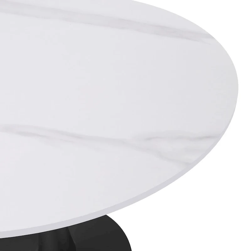35in Round Dining Table with Sintered Stone Tabletop, Black Steel Pedestal Base, Scratch-Resistant