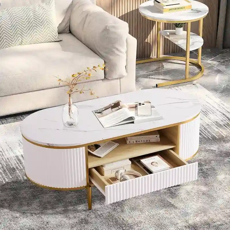 Modern Oval Coffee Table with Drawers for Living Room