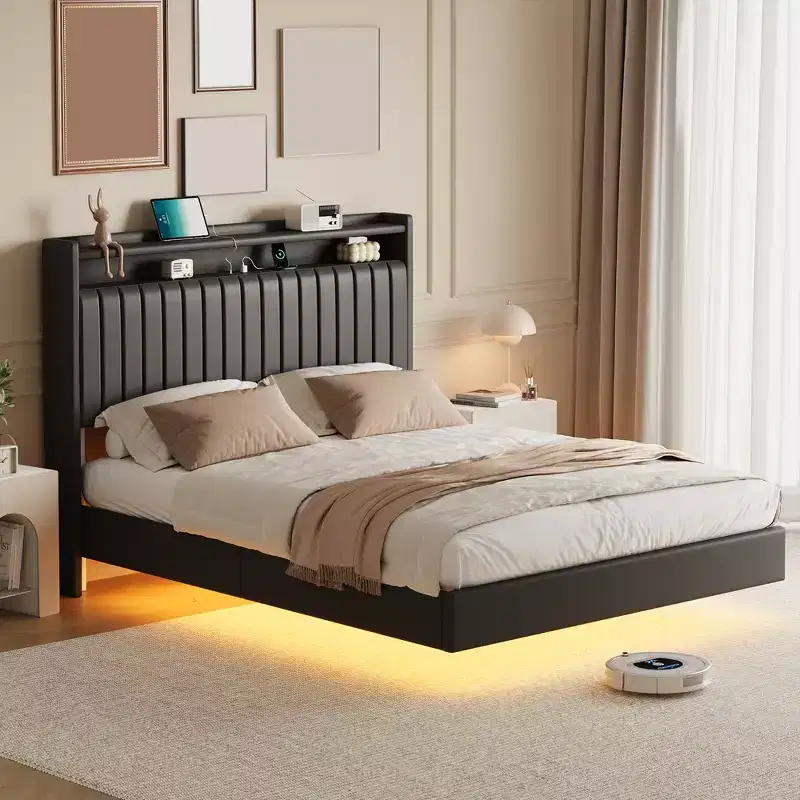 Queen Floating Platform Bed Frame with Charging Station and Storage Headboard, Black