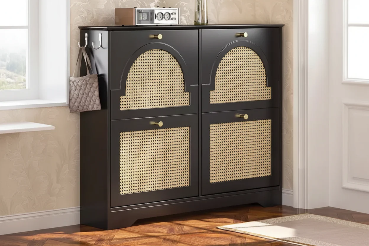 Mid-Century Narrow Shoe Cabinet with 4 Flip Drawers & Rattan Doors – White