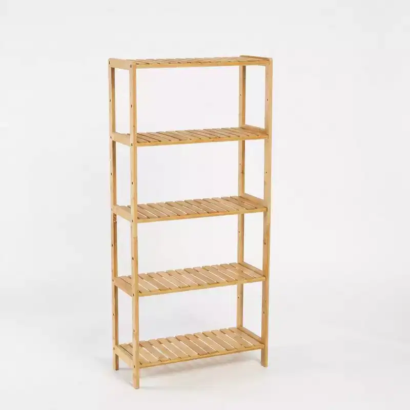 5-Tier Bamboo Shelf  Wide Narrow Plant Stand with Slatted Shelves, Natural Wood Storage Rack for Bathroom, Living Room, Kitchen, Bedroom